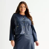 Liz Claiborne Womens Plus Faux Leather Lightweight Cropped Jacket