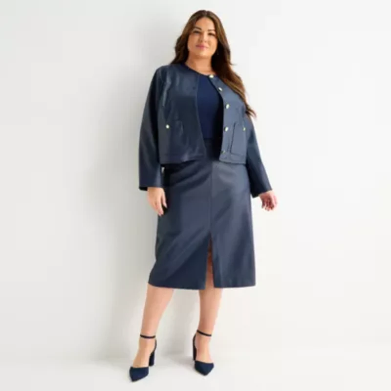 Liz Claiborne Womens Plus Faux Leather Lightweight Cropped Jacket
