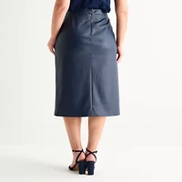 Liz Claiborne Womens Plus Mid Rise Faux Leather Pencil Skirt