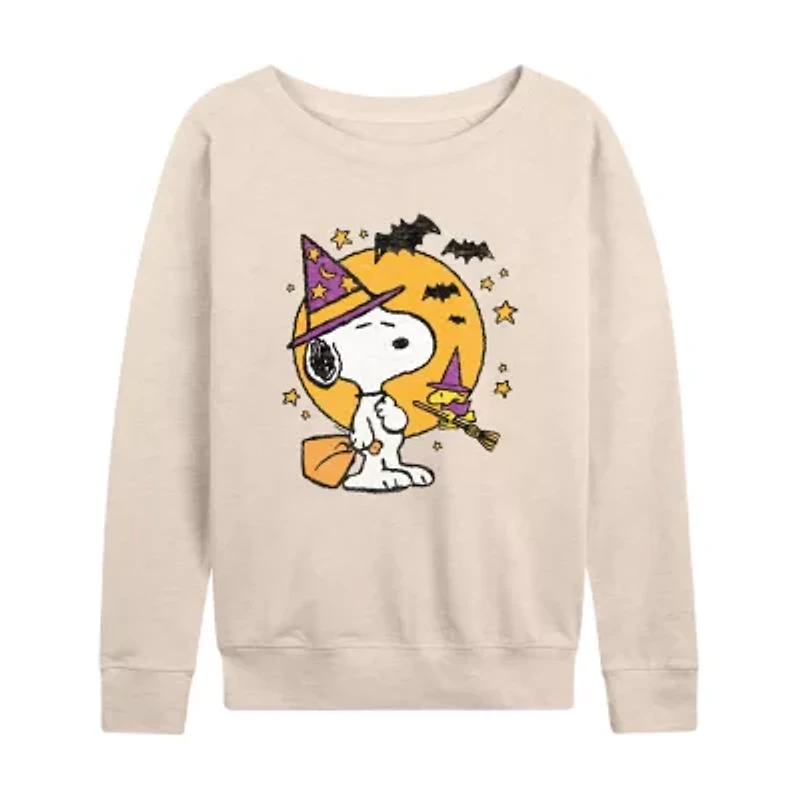 Snoopy Woodstock Witch Halloween Womens Boat Neck Long Sleeve Regular Fit Graphic T-Shirt