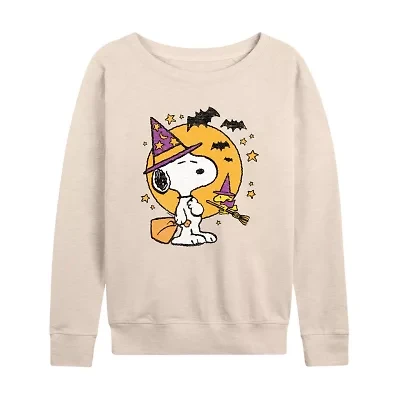 Snoopy Woodstock Witch Halloween Womens Boat Neck Long Sleeve Regular Fit Graphic T-Shirt