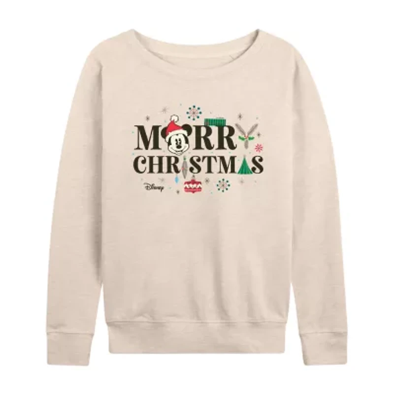 Mickey Mrry Chrstms Womens Boat Neck Long Sleeve Regular Fit and Friends Graphic T-Shirt