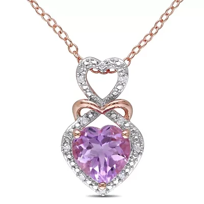 Womens Diamond Accent Genuine Purple Amethyst 18K Gold Over Silver Heart 18 Inch Pendant Necklace