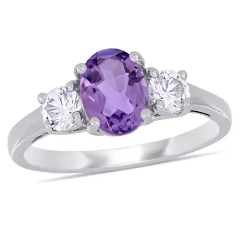 Womens Genuine Purple Amethyst Sterling Silver 3-Stone Cocktail Ring