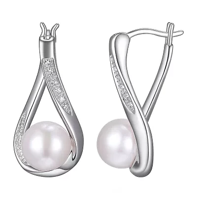 Womens Diamond Accent White Cultured Freshwater Pearl Sterling Silver Drop Earrings