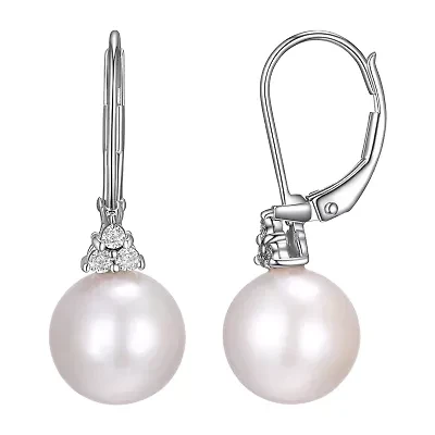 Womens Diamond Accent White Cultured Freshwater Pearl Sterling Silver Ball Drop Earrings