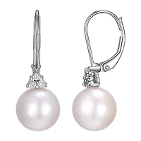 Womens Diamond Accent White Cultured Freshwater Pearl Sterling Silver Ball Drop Earrings