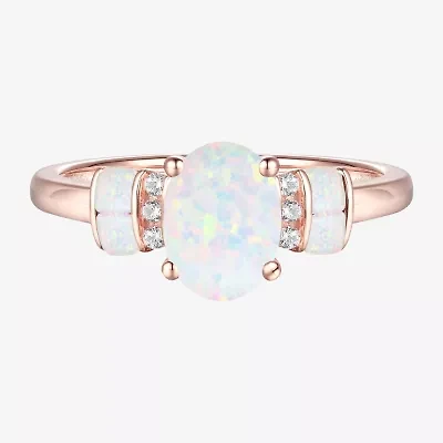 Womens Lab Created White Opal 14K Rose Gold Over Silver Cocktail Ring