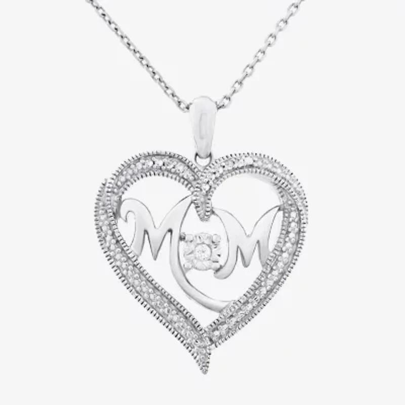 Limited Quantities! "Mom" Womens Diamond Accent Natural White Diamond Sterling Silver Heart 20 Inch Pendant Necklace