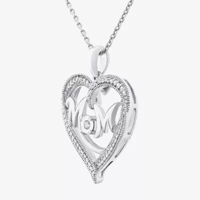 Limited Quantities! "Mom" Womens Diamond Accent Natural White Diamond Sterling Silver Heart 20 Inch Pendant Necklace