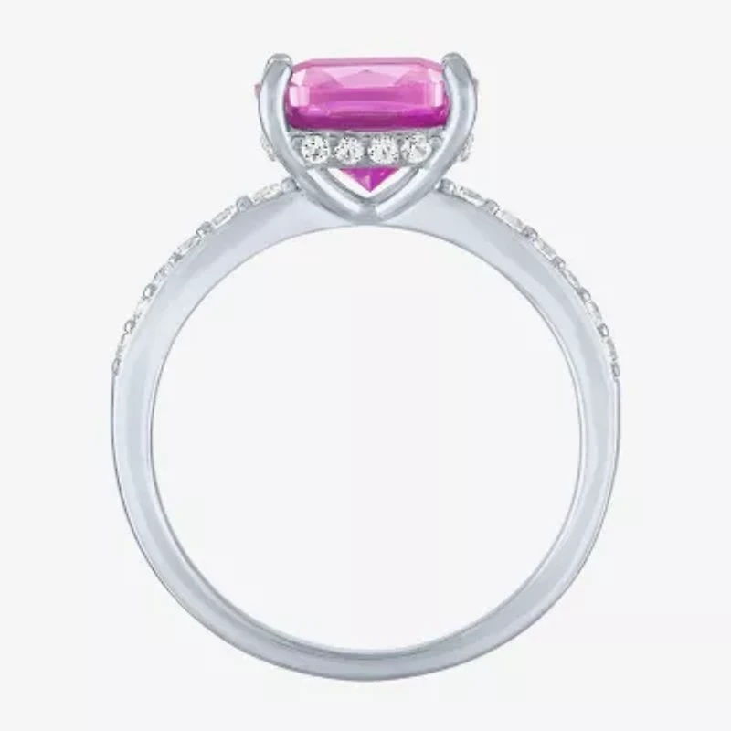 Womens Lab Created Gemstone Sterling Silver Side Stone Solitaire Cushion Cocktail Ring