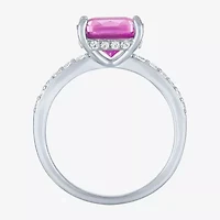 Womens Lab Created Gemstone Sterling Silver Side Stone Solitaire Cushion Cocktail Ring