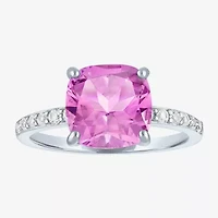 Womens Lab Created Gemstone Sterling Silver Side Stone Solitaire Cushion Cocktail Ring