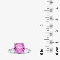Womens Lab Created Gemstone Sterling Silver Side Stone Solitaire Cushion Cocktail Ring