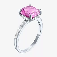Womens Lab Created Gemstone Sterling Silver Side Stone Solitaire Cushion Cocktail Ring