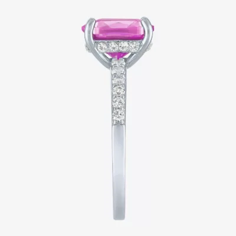 Womens Lab Created Gemstone Sterling Silver Side Stone Solitaire Cushion Cocktail Ring