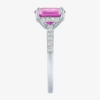 Womens Lab Created Gemstone Sterling Silver Side Stone Solitaire Cushion Cocktail Ring