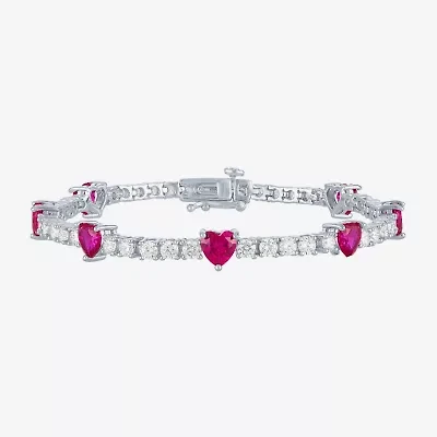 Gemstone Pure Silver Over Brass Heart 7.5 Inch Tennis Bracelet