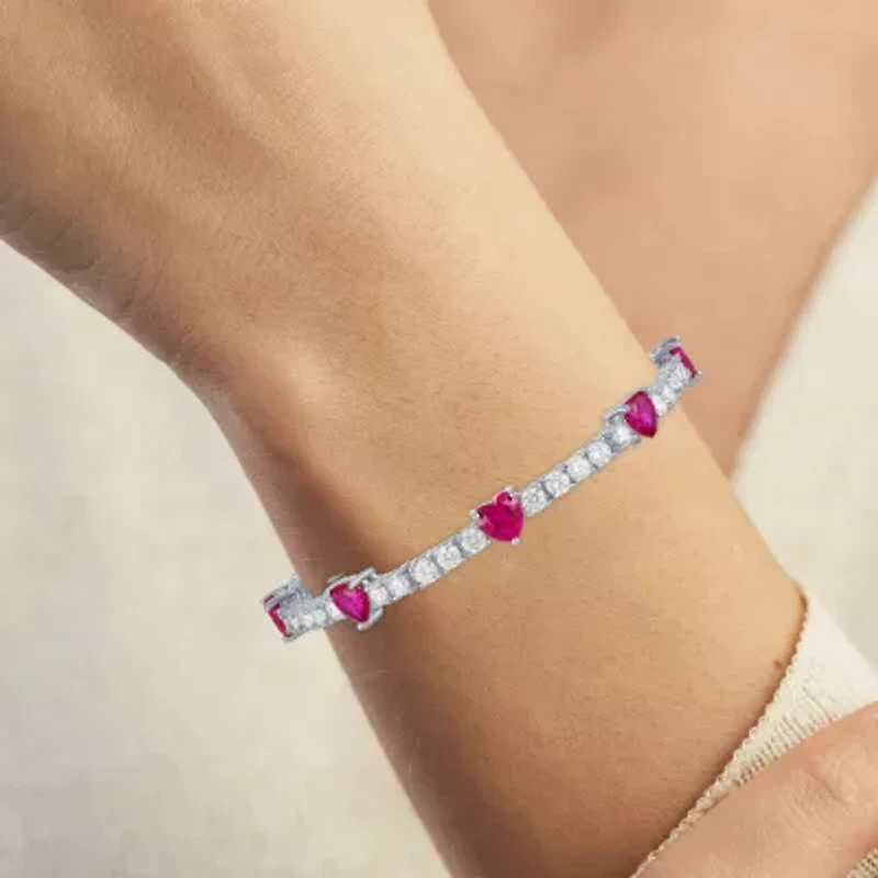 Gemstone Pure Silver Over Brass Heart 7.5 Inch Tennis Bracelet