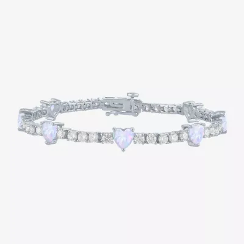 Gemstone Pure Silver Over Brass Heart 7.5 Inch Tennis Bracelet