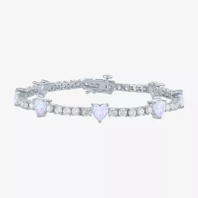 Gemstone Pure Silver Over Brass Heart 7.5 Inch Tennis Bracelet