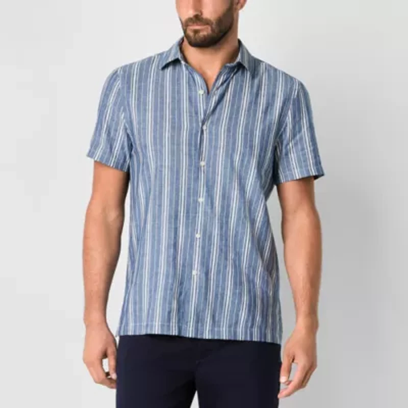 Stafford Linen Blend Mens Short Sleeve Regular Fit Button-Down Shirt