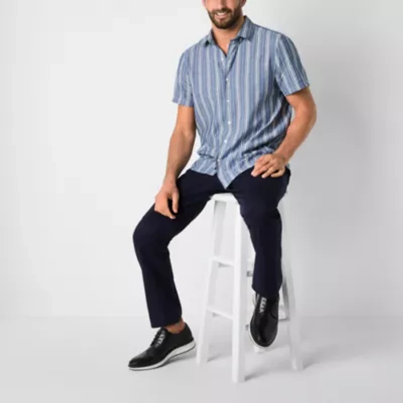 Stafford Linen Blend Mens Short Sleeve Regular Fit Button-Down Shirt