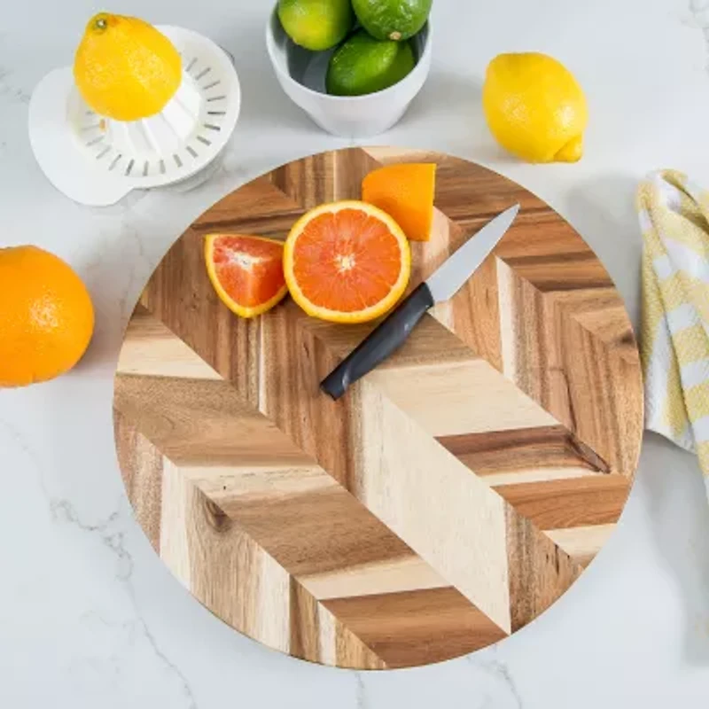 Lipper International Acacia Herringbone Round Cutting Board with Inset Handles