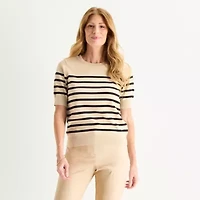 Liz Claiborne Womens Crew Neck Short Sleeve Striped Pullover Sweater