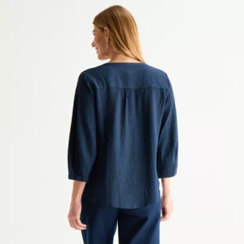 Liz Claiborne Womens Split Crew Neck 3/4 Sleeve Tunic Top