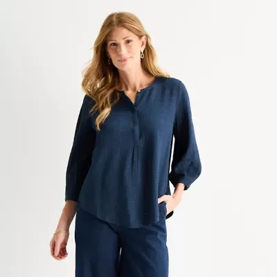 Liz Claiborne Womens Split Crew Neck 3/4 Sleeve Tunic Top