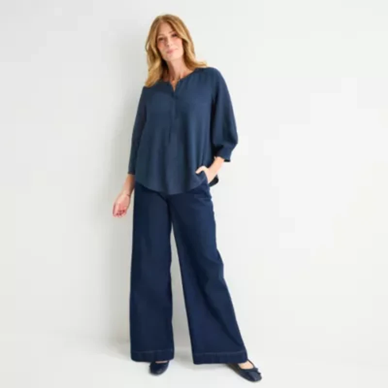 Liz Claiborne Womens Split Crew Neck 3/4 Sleeve Tunic Top