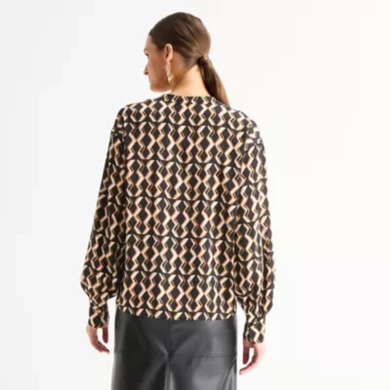 Worthington Womens Y Neck Long Sleeve Satin Blouse