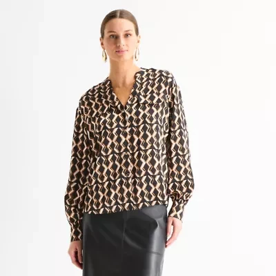 Worthington Womens Y Neck Long Sleeve Satin Blouse