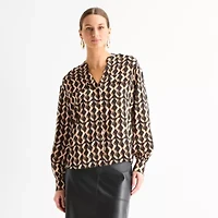 Worthington Womens Y Neck Long Sleeve Satin Blouse