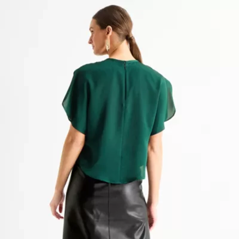 Worthington Womens Round Neck Short Sleeve Satin Blouse