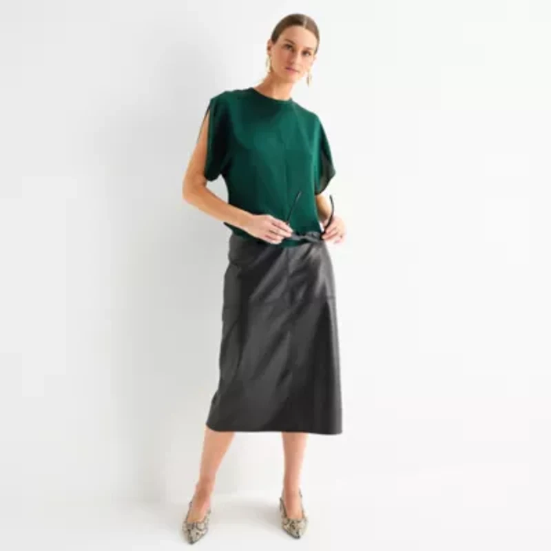 Worthington Womens Round Neck Short Sleeve Satin Blouse