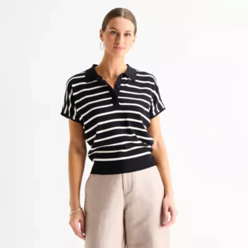 Worthington Womens V Neck Short Sleeve Polo Sweater