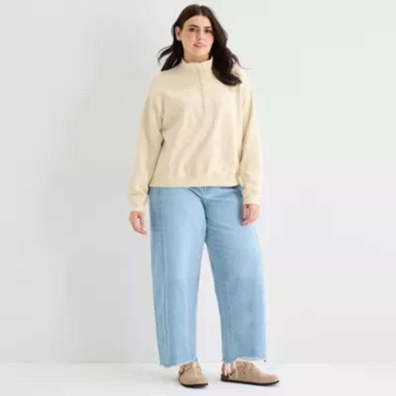 a.n.a Womens Plus Henley Neck Long Sleeve Sweatshirt