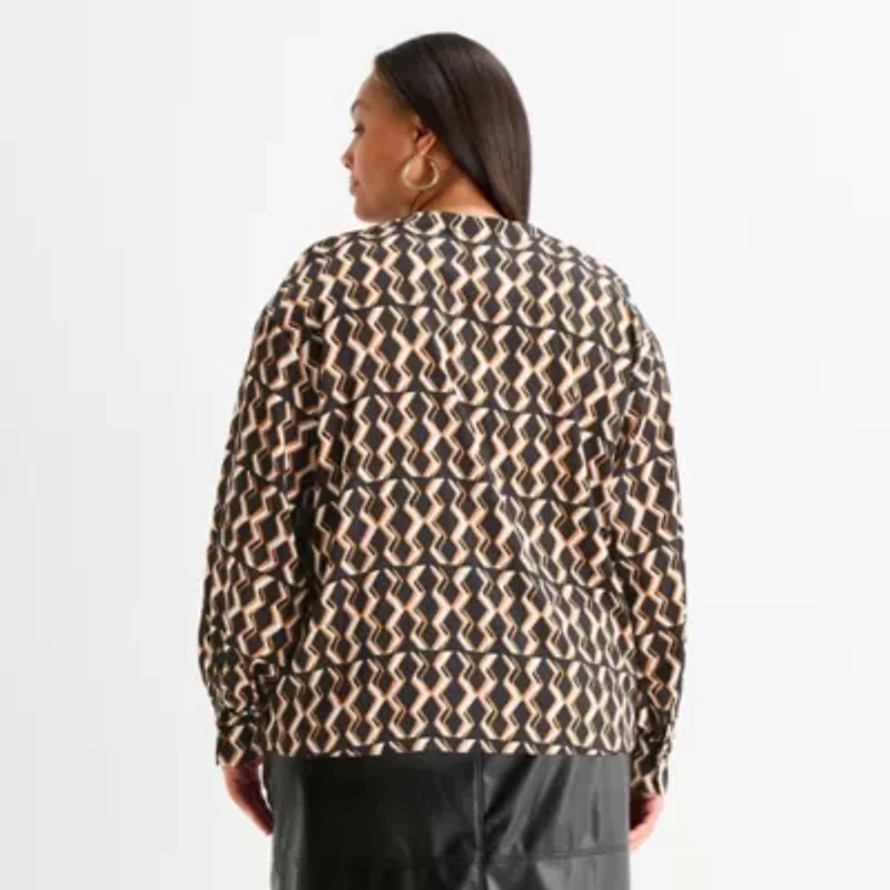 Worthington Womens Plus Split Crew Neck Long Sleeve Satin Blouse