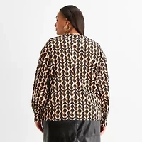 Worthington Womens Plus Split Crew Neck Long Sleeve Satin Blouse