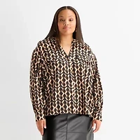 Worthington Womens Plus Split Crew Neck Long Sleeve Satin Blouse