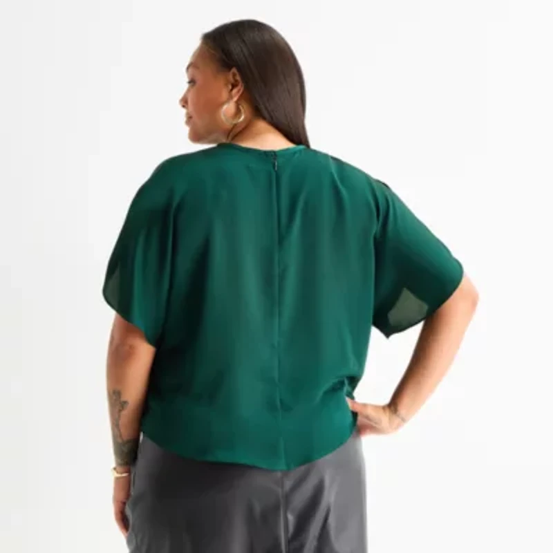 Worthington Womens Plus Round Neck Short Sleeve Satin Blouse