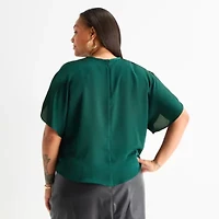 Worthington Womens Plus Round Neck Short Sleeve Satin Blouse