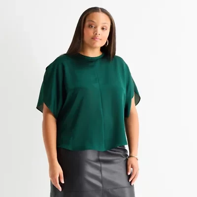 Worthington Womens Plus Round Neck Short Sleeve Satin Blouse