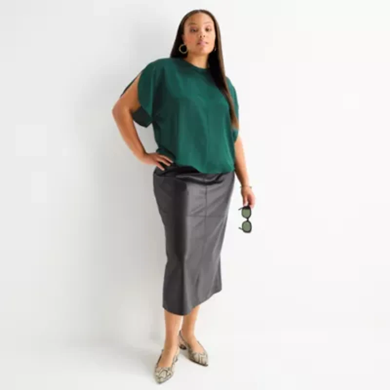 Worthington Womens Plus Round Neck Short Sleeve Satin Blouse