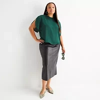 Worthington Womens Plus Round Neck Short Sleeve Satin Blouse