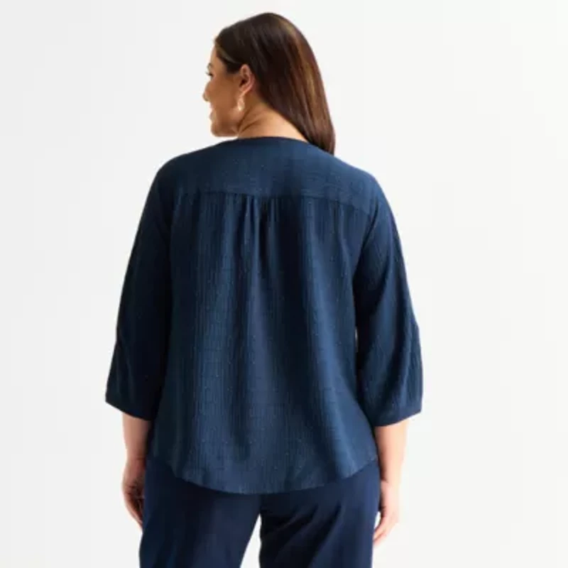 Liz Claiborne Plus Womens Split Crew Neck 3/4 Sleeve Tunic Top