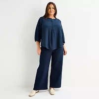 Liz Claiborne Plus Womens Split Crew Neck 3/4 Sleeve Tunic Top