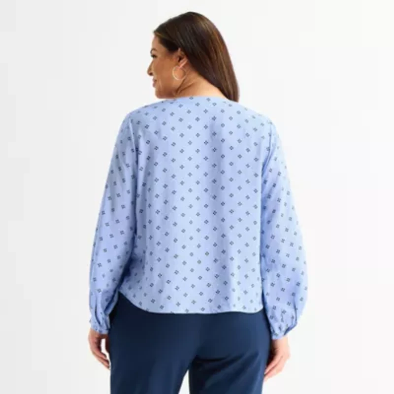 Liz Claiborne Womens Plus V Neck Long Sleeve Blouse